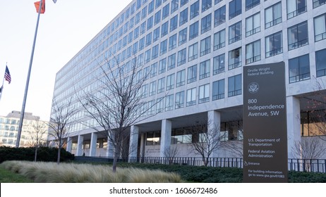 WASHINGTON, DC, USA - December 11, 2019: Information Sign Out-front Of The Federal Building, Headquarters To The US Department Of Transportation And Federal Aviation Administration (FAA).