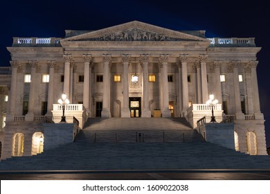WASHINGTON, DC, USA - December 11, 2019: Entrance to the US Senate Chamber at the US Capitol Building seen at night.