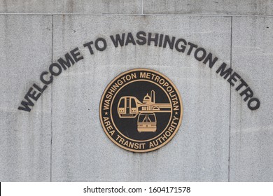 WASHINGTON, DC, USA - December 12, 2019: Washington Metropolitan Area Transit Authority Logo Below A Welcome Sign To An Entrance To Washington Metro Station.