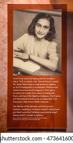 Washington DC, USA - DECEMBER 19, 2015: Anne Frank Picture In The Holocaust Memorial Museum. Real Pictures Of The Deported Jews, Nazi Propaganda, Territory Of Conquest.