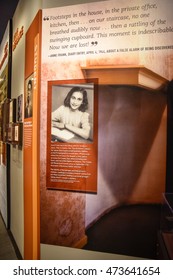 Washington DC, USA - DECEMBER 19, 2015: Anne Frank Picture In The Holocaust Memorial Museum. Real Pictures Of The Deported Jews, Nazi Propaganda, Territory Of Conquest.