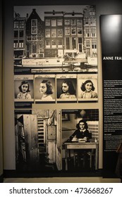 Washington DC, USA - DECEMBER 19, 2015: Anne Frank Pictures In The Holocaust Memorial Museum. Real Pictures Of The Deported Jews, Nazi Propaganda, Territory Of Conquest.