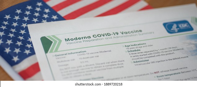 Washington, DC, USA - December, 23, 2020: Blurred Photo Banner Of Moderna COVID-19 Vaccine Form By CDC On Flag Of USA. 