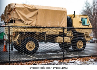 Washington, DC, USA - Feb. 14, 2020: National Guards Army Inside Capitol Hill Perimeter Surrounded By Security Fence At Day