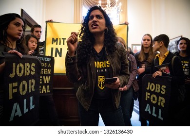 Washington DC. USA. February 25, 2019: Youth Activists From Kentucky And Across The US Occupy The Office Of Senator Mitch McConnell In Protest Of His Attempts To Defeat The Green New Deal. 