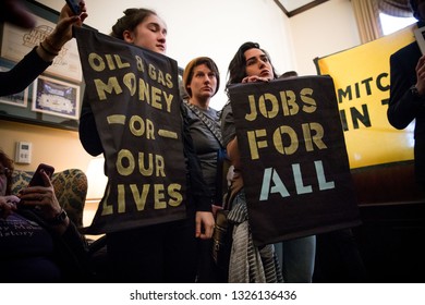 Washington DC. USA. February 25, 2019: Youth Activists From Kentucky And Across The US Occupy The Office Of Senator Mitch McConnell In Protest Of His Attempts To Defeat The Green New Deal. 