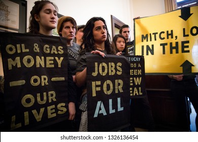 Washington DC. USA. February 25, 2019: Youth Activists From Kentucky And Across The US Occupy The Office Of Senator Mitch McConnell In Protest Of His Attempts To Defeat The Green New Deal. 