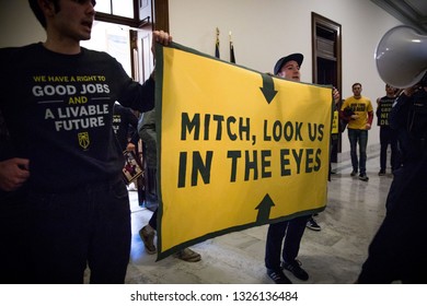 Washington DC. USA. February 25, 2019: Youth Activists From Kentucky And Across The US Occupy The Office Of Senator Mitch McConnell In Protest Of His Attempts To Defeat The Green New Deal. 