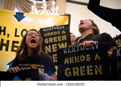 Washington DC. USA. February 25, 2019: Youth Activists From Kentucky And Across The US Occupy The Office Of Senator Mitch McConnell In Protest Of His Attempts To Defeat The Green New Deal. 