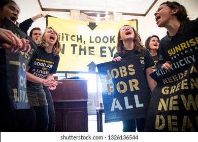 Washington DC. USA. February 25, 2019: Youth Activists From Kentucky And Across The US Occupy The Office Of Senator Mitch McConnell In Protest Of His Attempts To Defeat The Green New Deal. 