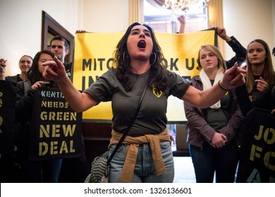 Washington DC. USA. February 25, 2019: Youth Activists From Kentucky And Across The US Occupy The Office Of Senator Mitch McConnell In Protest Of His Attempts To Defeat The Green New Deal. 