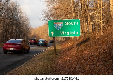 Washington, DC USA - February 5 2022: I-495 Signs In The Washington DC, Maryland, And Virginia (DMV) Area Near American Legion Bridge