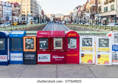 Washington DC, USA - February 5, 2017: Newspaper Kiosks Vending Machines On Dupont Circle