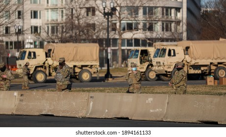 Washington, DC, USA - Jan. 14, 2021: Security is ramped up ahead of the inauguration of President-Elect Joe Biden. Fences are installed along the National Mall and the National Guard is brought in.