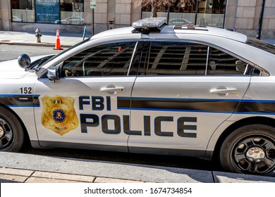 Washington, DC, USA- January 12, 2020: A FBI police car at the J. Edgar Hoover FBI Building in Washington, DC.