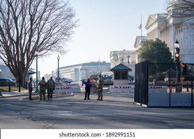 Washington, DC, USA - January, 12, 2021: US Capitol Entrance And National Guard Members Supporting Capitol Security. 