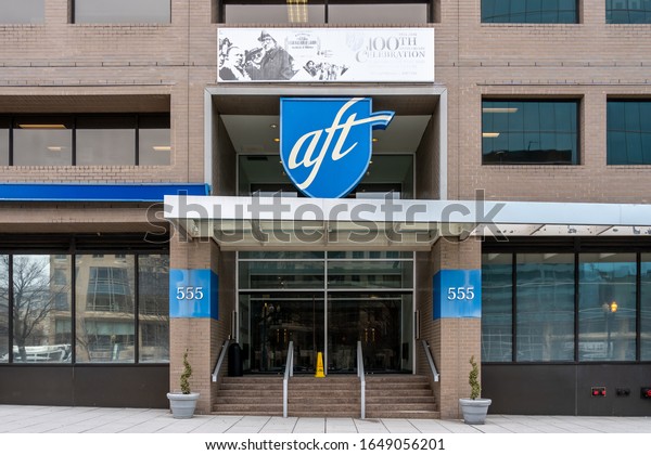 Washington, DC, USA- January 13, 2020: Entrance\
of American Federation of Teachers (AFT). The American Federation\
of Teachers (AFT) is the second largest teacher\'s labor union in\
America.