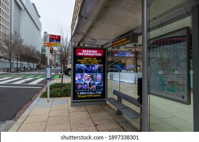 WASHINGTON, DC, USA - JANUARY 17, 2021 - An FBI Wanted Poster For Participants In The Capitol Riot Is Seen At A DC Metro Bus Stop.