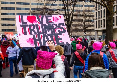 Washington DC, USA January 21, 2017. Protesters Holding Signs In Crowd At The Women's March In Washington DC.