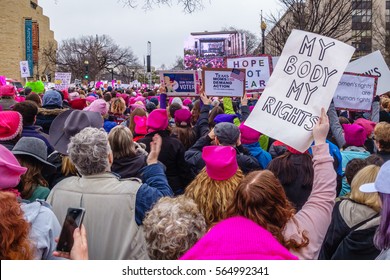 Washington DC, USA January 21, 2017. Protesters Holding Signs In Crowd At The Women's March In Washington DC.