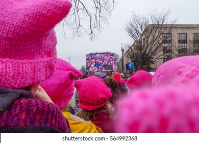 Washington DC, USA January 21, 2017. Protesters wearing pink hats in crowd at the Women's March in Washington DC.