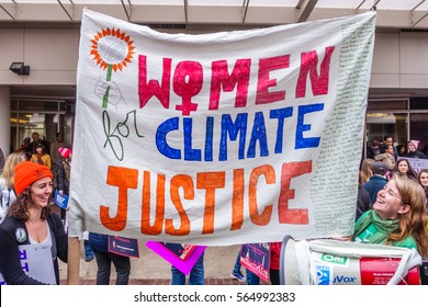 Washington DC, USA January 21, 2017. Protesters Holding Signs In Crowd At The Women's March In Washington DC.