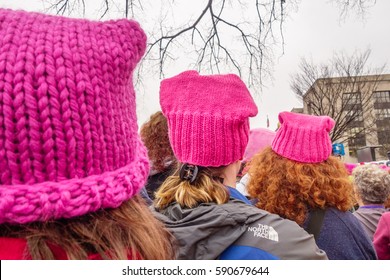 WASHINGTON, DC, USA – JANUARY 21, 2017: Close-up of pink hats worn by protesters s at the Women's March in Washington, DC after the inauguration of Donald Trump as President of the United States.