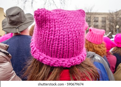 WASHINGTON, DC, USA – JANUARY 21, 2017: Close-up Of Pink Hats Worn By Protesters Listening To Speeches At The Women's March In Washington, DC.  