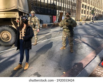 Washington, DC USA, January 22, 2021 Masked Girl With 2 National Guard And Truck On Street