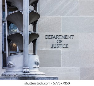 Washington DC, USA - January 28, 2017: Department of Justice building with sign