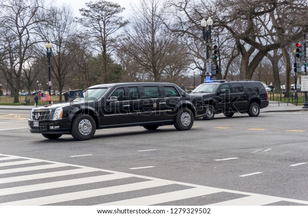 Washington, DC / USA - January 9,\
2019: President Trump and Vice President Pence ride in the\
motorcade to Capitol Hill to lunch with Republican leadership.\
