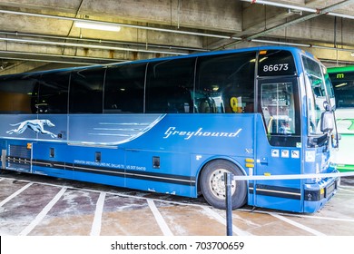 Washington DC, USA - July 1, 2017: Inside Union Station Parking Garage For Buses In Capital City With Greyhound Sign