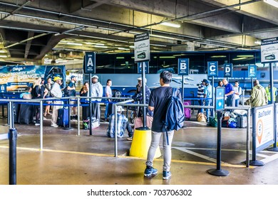 Washington DC, USA - July 1, 2017: Inside Union Station Parking Garage For Buses In Capital City With Greyhound Line Queue