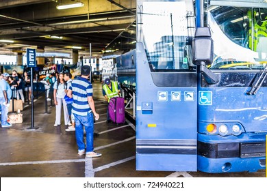 Washington DC, USA - July 1, 2017: Inside Union Station Parking Garage For Buses In Capital City With Greyhound Line Queue