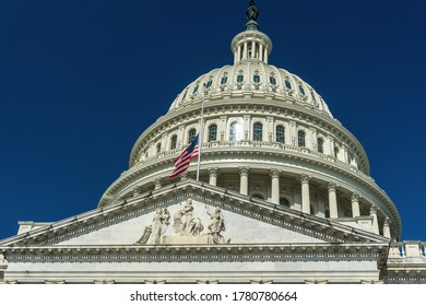 Washington, DC /USA - July 21, 2020: A Flag Flies At Half-staff In Honor Of Congress John Lewis, Who Died On July 17.  