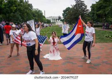 Washington, DC, USA, July 26, 2021: Protesters In Favor Of Democracy In Cuba Protest In Front Of The White House In Washington, DC.