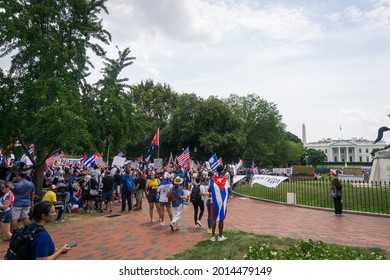 Washington, DC, USA, July 26, 2021: Protesters In Favor Of Democracy In Cuba Protest In Front Of The White House In Washington, DC.