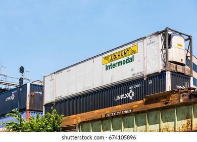 Washington DC, USA - July 3, 2017: JB Hunt Intermodal Cargo Shipping Container On Train