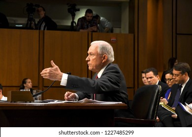 Washington DC., USA, June 13, 2017. 
Attorney General Jeff Sessions responds to questions from one of the members of the Senate Intelligence Committee during his testimony in front of the Committee