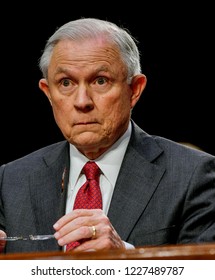 Washington DC, USA, June 13, 2018
Attorney General Jeff Sessions reads from prepared answers in response to a question of the Senate Intelligence Committee during  testimony in front of the Committee