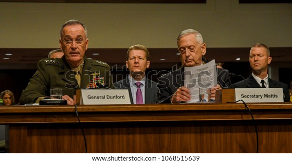 Washington DC. USA, June 13, 2017.\
Secretary of Defense\
James Mattis answers questions during Senate Appropriations\
Subcommittee budget hearing,\
