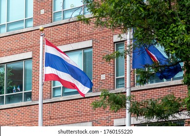 Washington, DC / USA - June 20 2020: Thai Embassy To The United States Of America. Thai And ASEAN Flags Wave In The Wind.