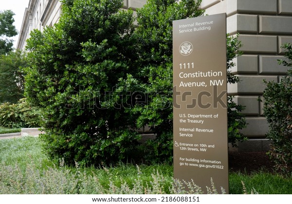 Washington, DC,\
USA - June 22, 2022: The sign outside of the Internal Revenue\
Service (IRS) Building in Washington,\
DC.