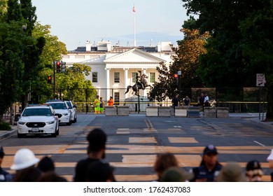 Washington, DC, USA - June 23, 2020: Police Block Access To The White House And Statue Of Andrew Jackson In Lafayette Square To Peaceful Protesters Assembled In Black Lives Matter Plaza