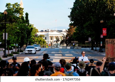 Washington, DC, USA - June 23, 2020:  A Police Line Blocks Part Of Black Lives Matter Plaza, Lafayette Square, Statue Of Andrew Jackson, And The White House