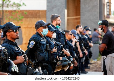 Washington, DC, USA - June 23, 2020: Police Block Protesters From Accessing Lafayette Square, White House, Andrew Jackson Statue, And Part Of Black Lives Matter Plaza