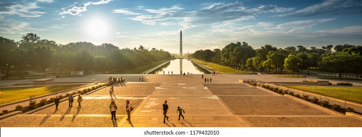 Washington DC, USA - June 24 2018: 
 Washington DC Monument Panorama And The US Capitol Building Across The Reflecting Pool From The Lincoln Memorial On The National Mall USA