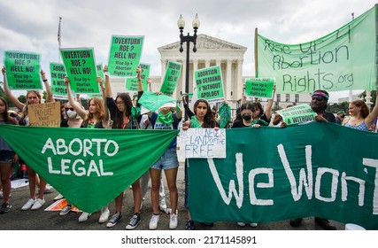 WASHINGTON D.C., USA - June 24, 2022: Pro-choice demonstrators gather in front of the Supreme Court to protest the Dobbs v. Jackson decision released today.