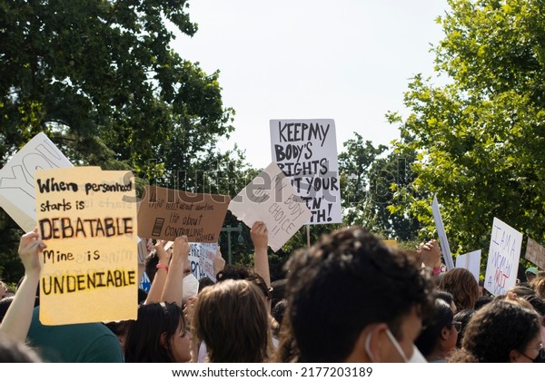 Washington, DC, USA - June 24, 2022: Protests\
erupt outside the Supreme Court on Friday in Washington, DC, after\
the Court overturns Roe v. Wade, which protects the constitutional\
right to abortion.