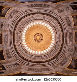 Washington, DC \ USA - June 25 2018: Wide Angle Panorama Of The Interior Of The Dome Of US Capitol Rotunda With 